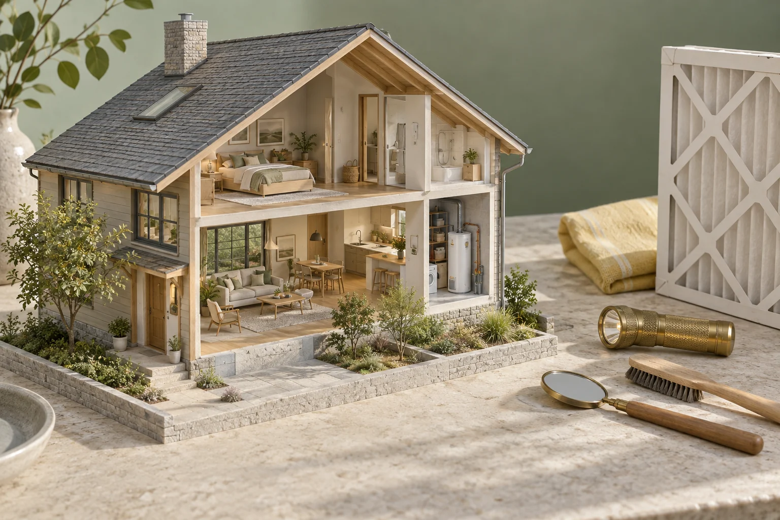 Architectural concept of seasonal house care with thoughtful sage material details